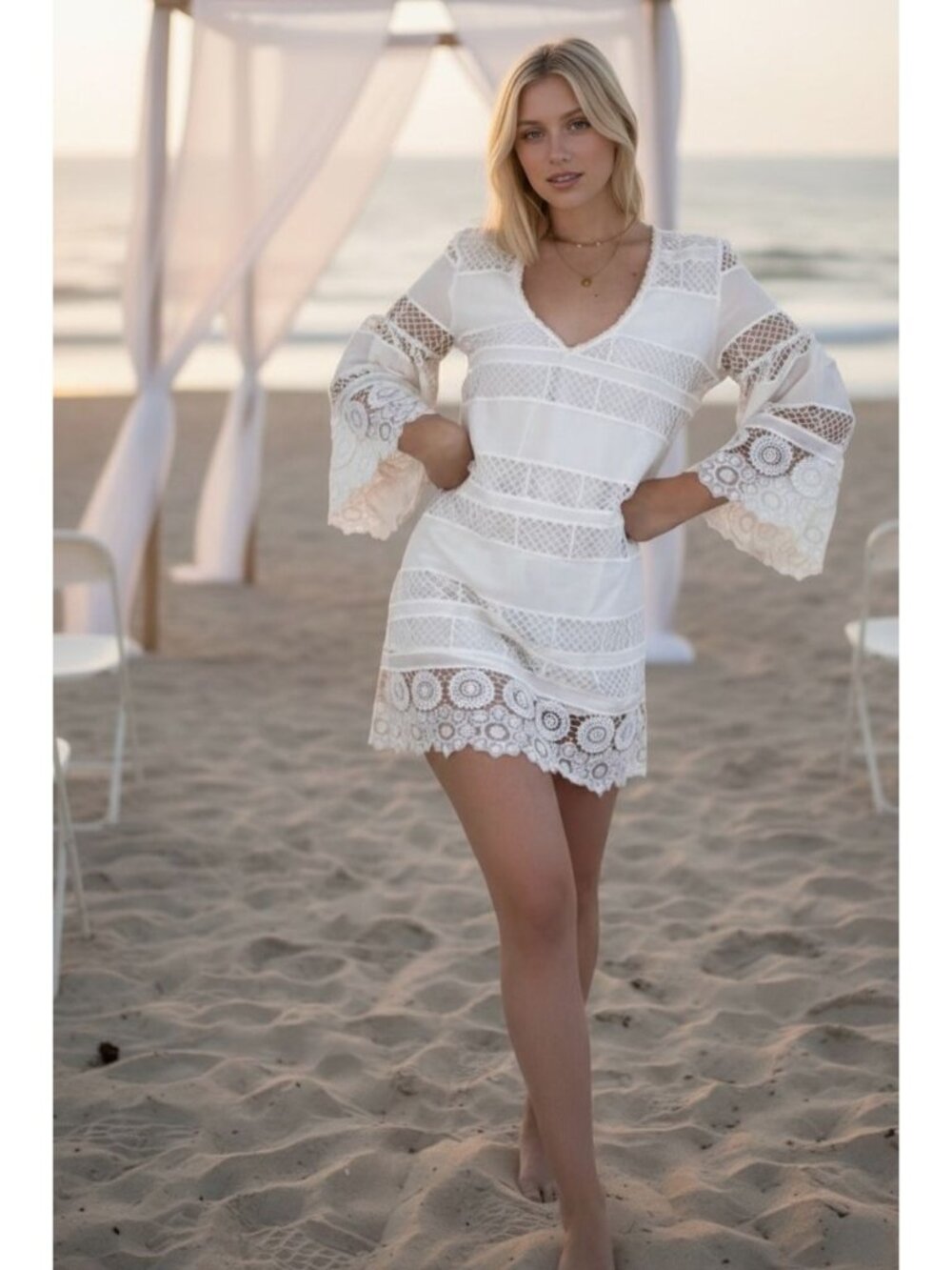 Alexis Lace Mini Dess Boho Bell Sleeve Striped Shift Ivory White  XS